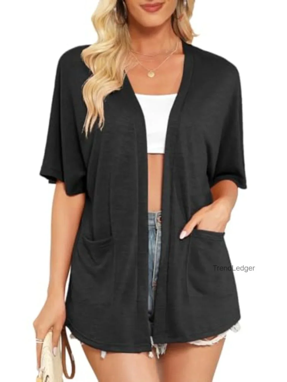 Short Sleeve Open Front Cardigan Lightweight Summer with Pockets Casual Cover Up